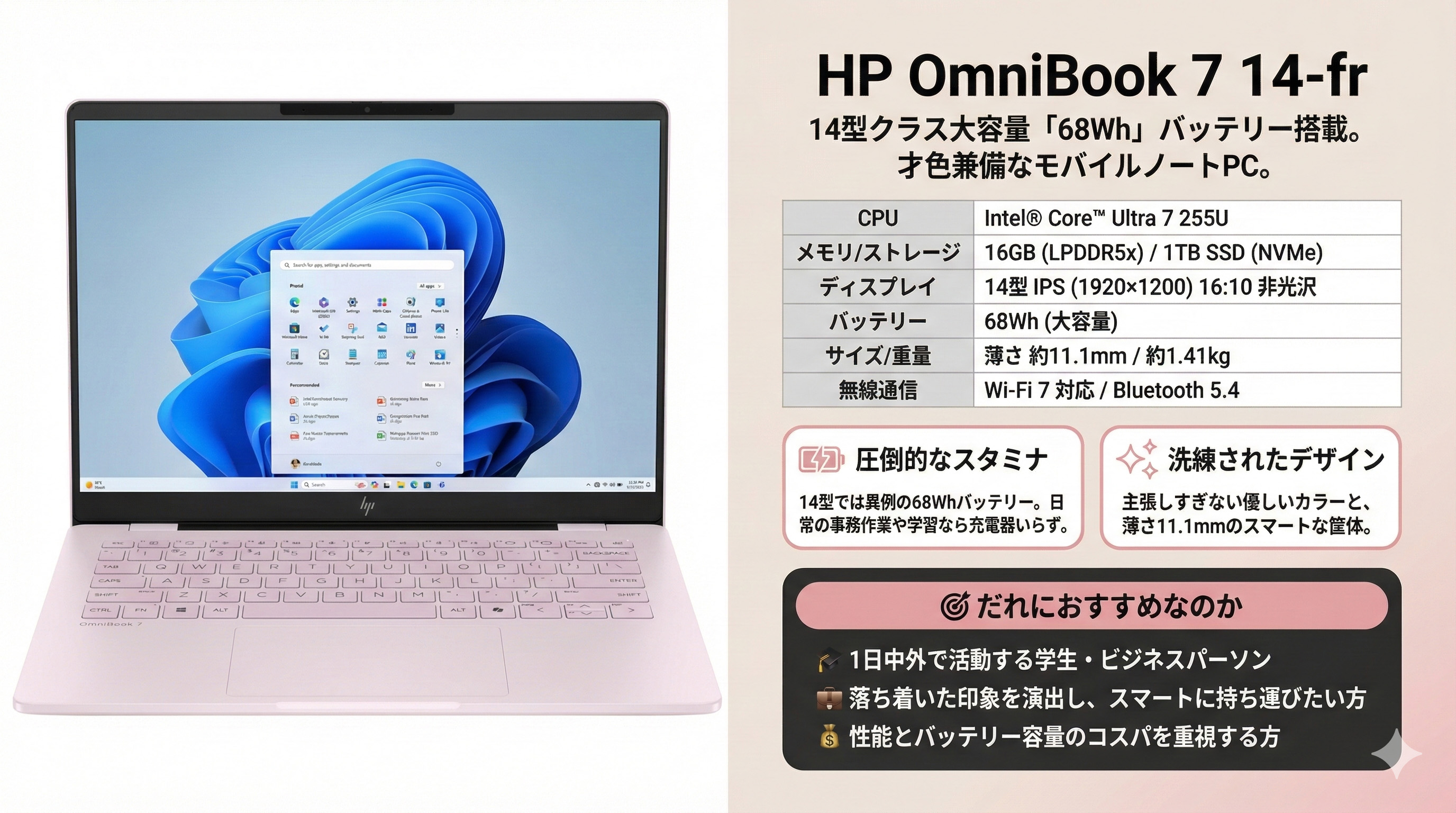 HP OmniBook 7 14-frパフォーマンスモデル (SAKURA)レビューバッテリー