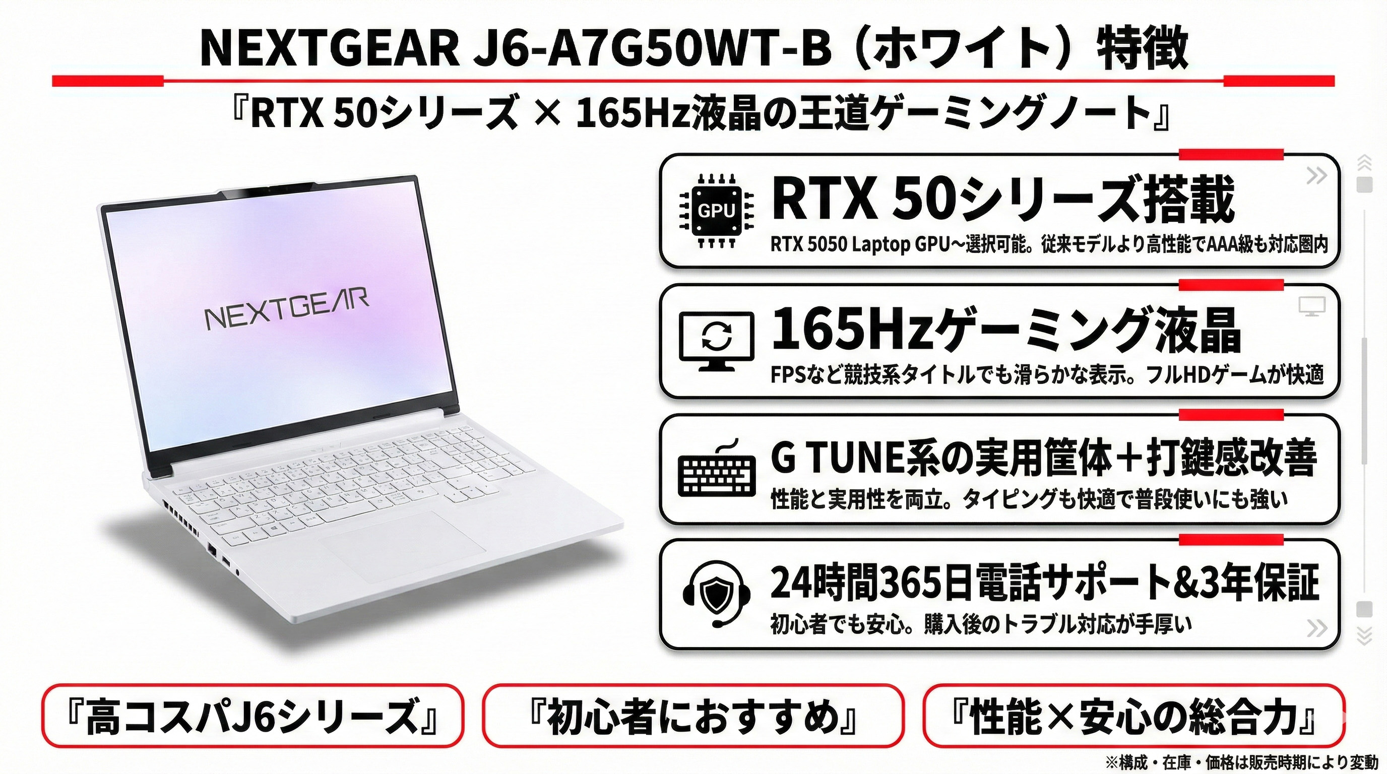 NEXTGEAR J6-A7G50WT-B（ホワイト）レビュー RTX50シリーズ搭載の高 
