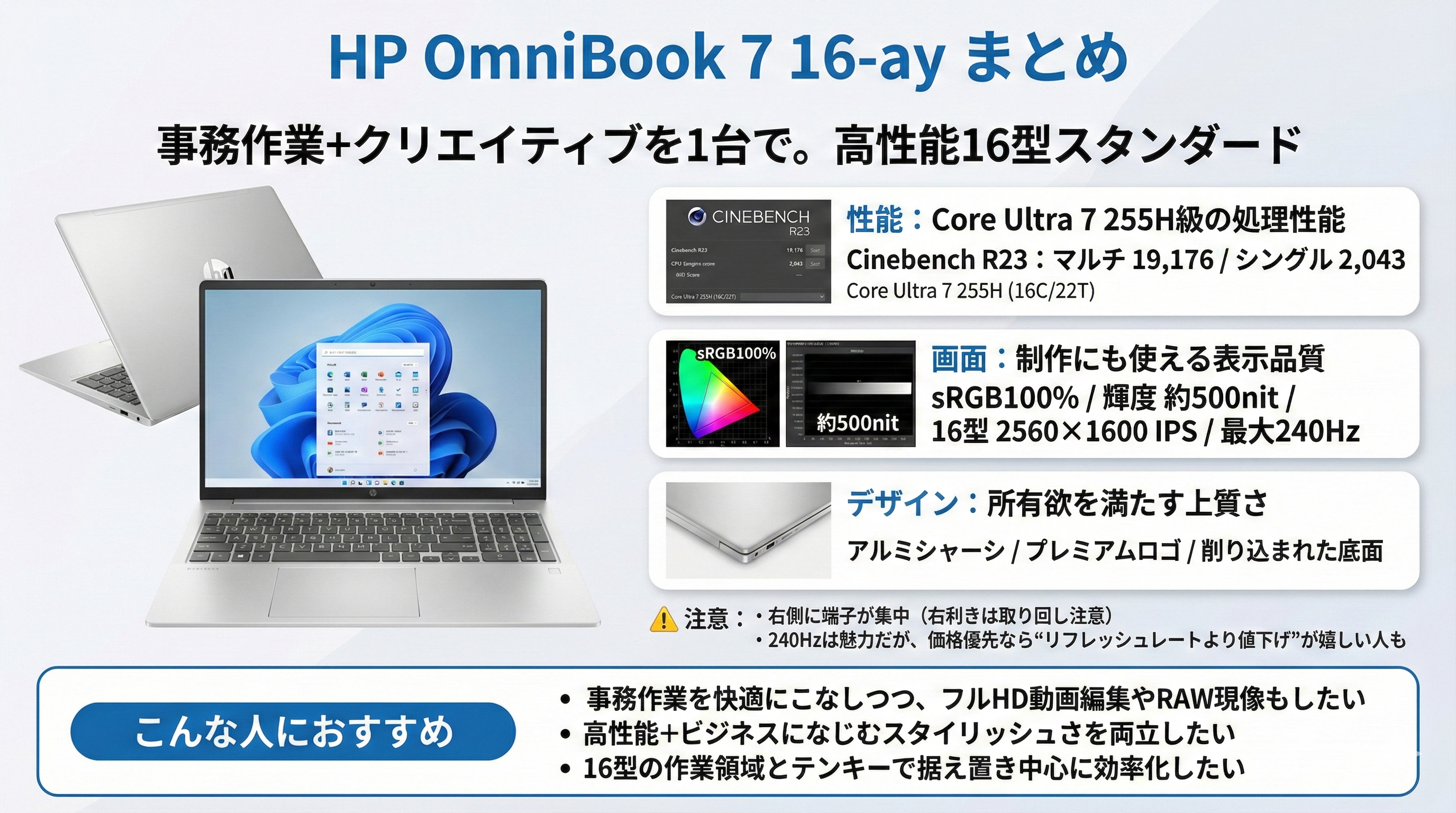 HP OmniBook 7 16-ay パフォーマンスプラスモデルレビューCore Ultra 7