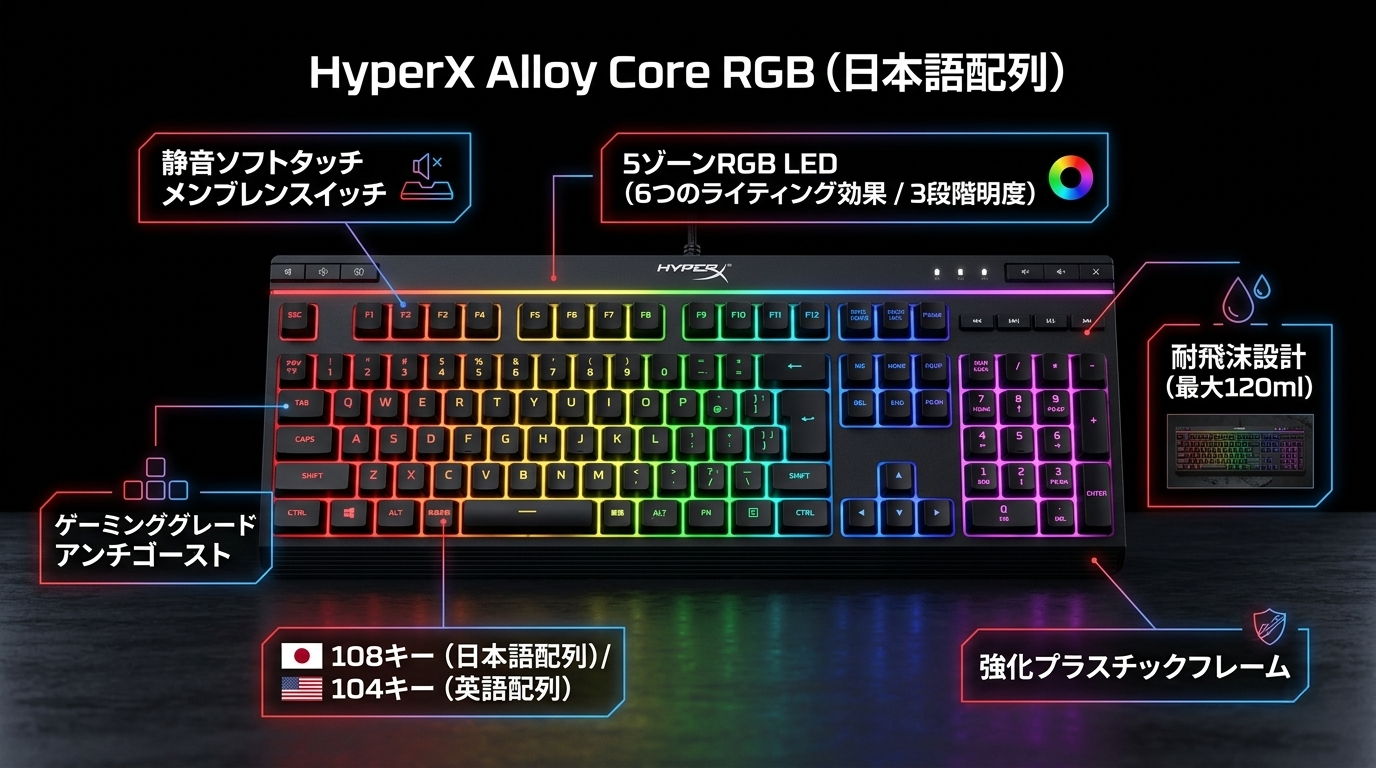 HyperX Alloy Core RGB 静音で使いやすい、RGBゲーミングキーボード